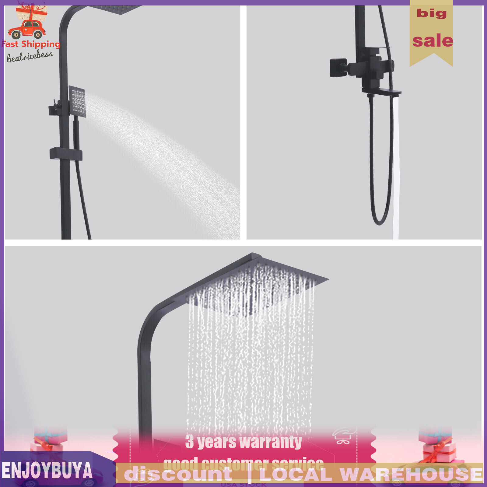 Shower Faucet Set System Rainfall Shower Head Handle Combo Kit Wall Mount Black