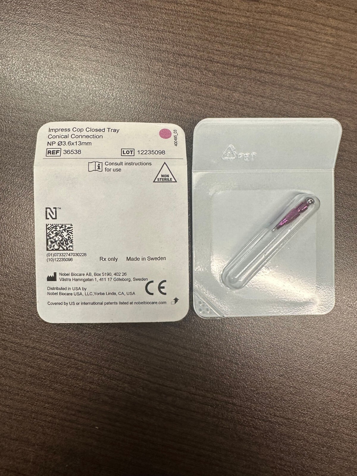 Nobel Biocare Conical NP 3.6 X 13mm Closed Tray Impression Coping (REF 36538)