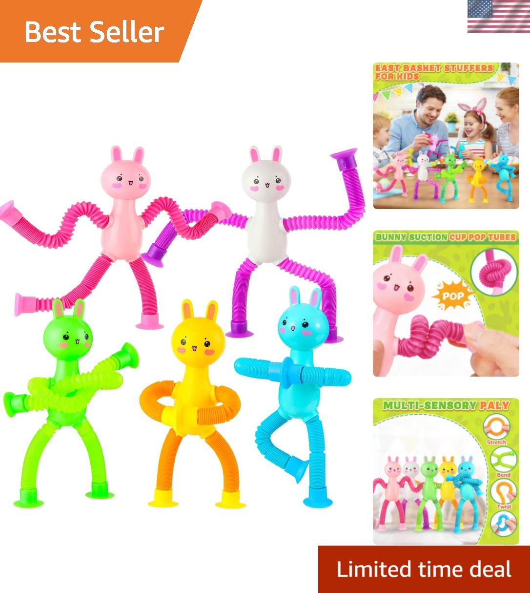 5 Pack Bunny Pop Tubes, Suction Cup Sensory Fidget Toys, Stress Relief & Trav...