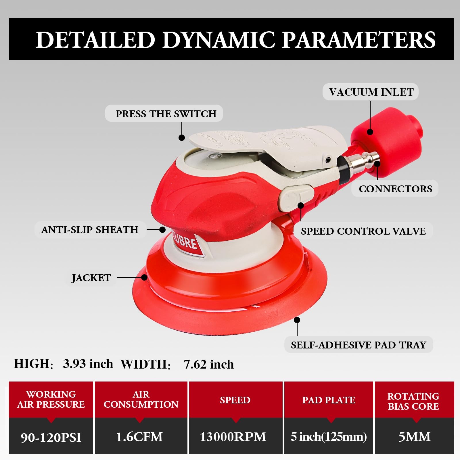 RYCUBRE 5 Inch Air Sander with vacuum – 13000RPM Pneumatic da Sander for auto bo