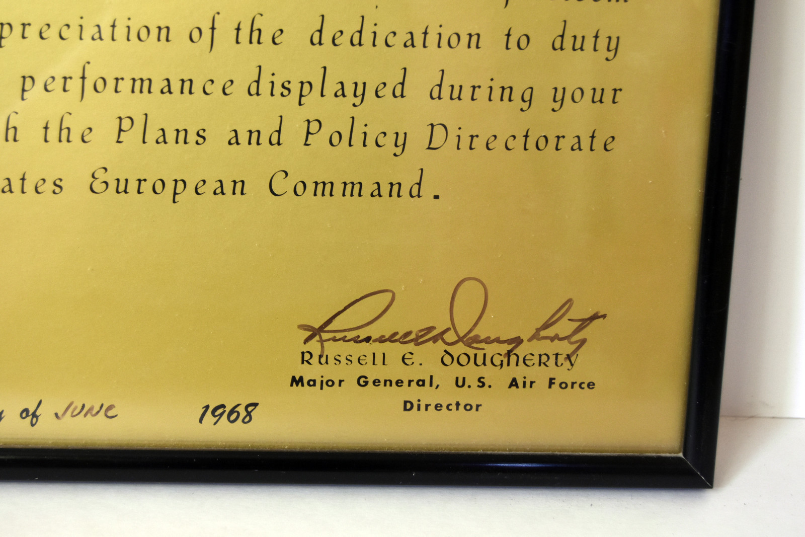 1968 Certificate Stuttgart Signed Major Gen. Russell Dougherty US Air Force