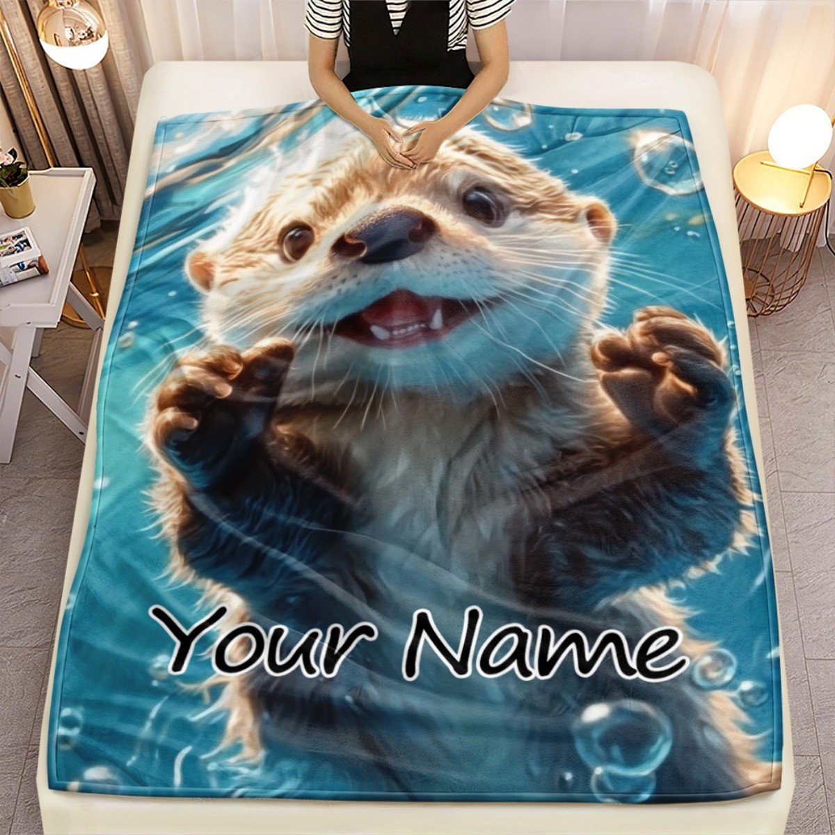 Personalized Custom Name Otter Blanket - Lightweight Flannel Throw with Cute Ot