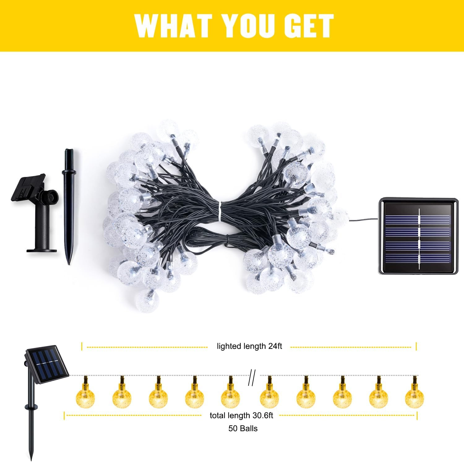 2 Pack Solar String Lights Outdoor, 60 LED, Crystal Globe | Outdoor Waterproof,