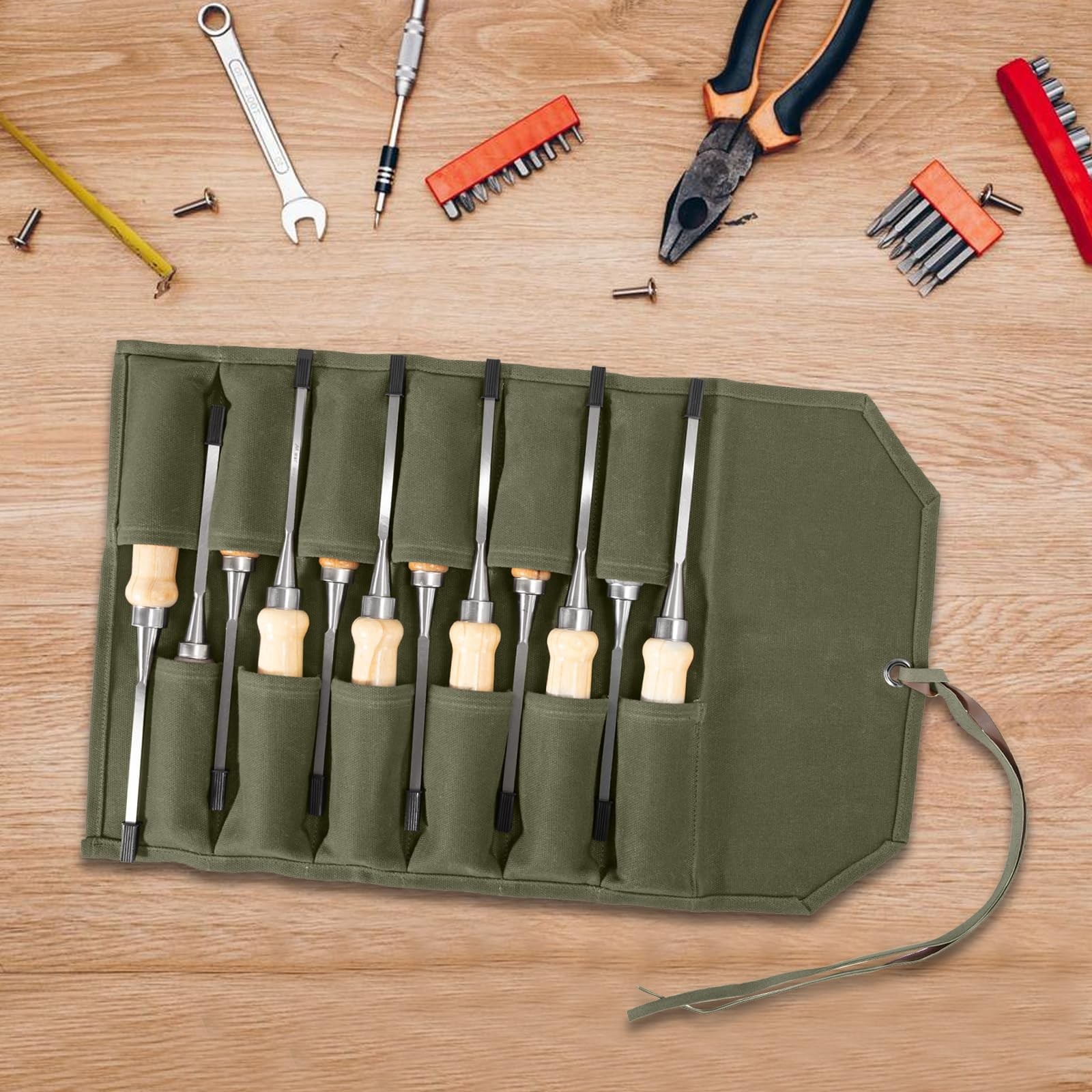 Chisel Roll,12 Pockets Roll Up Tool Pouch,Waxed Canvas Small Tool Roll Organi...