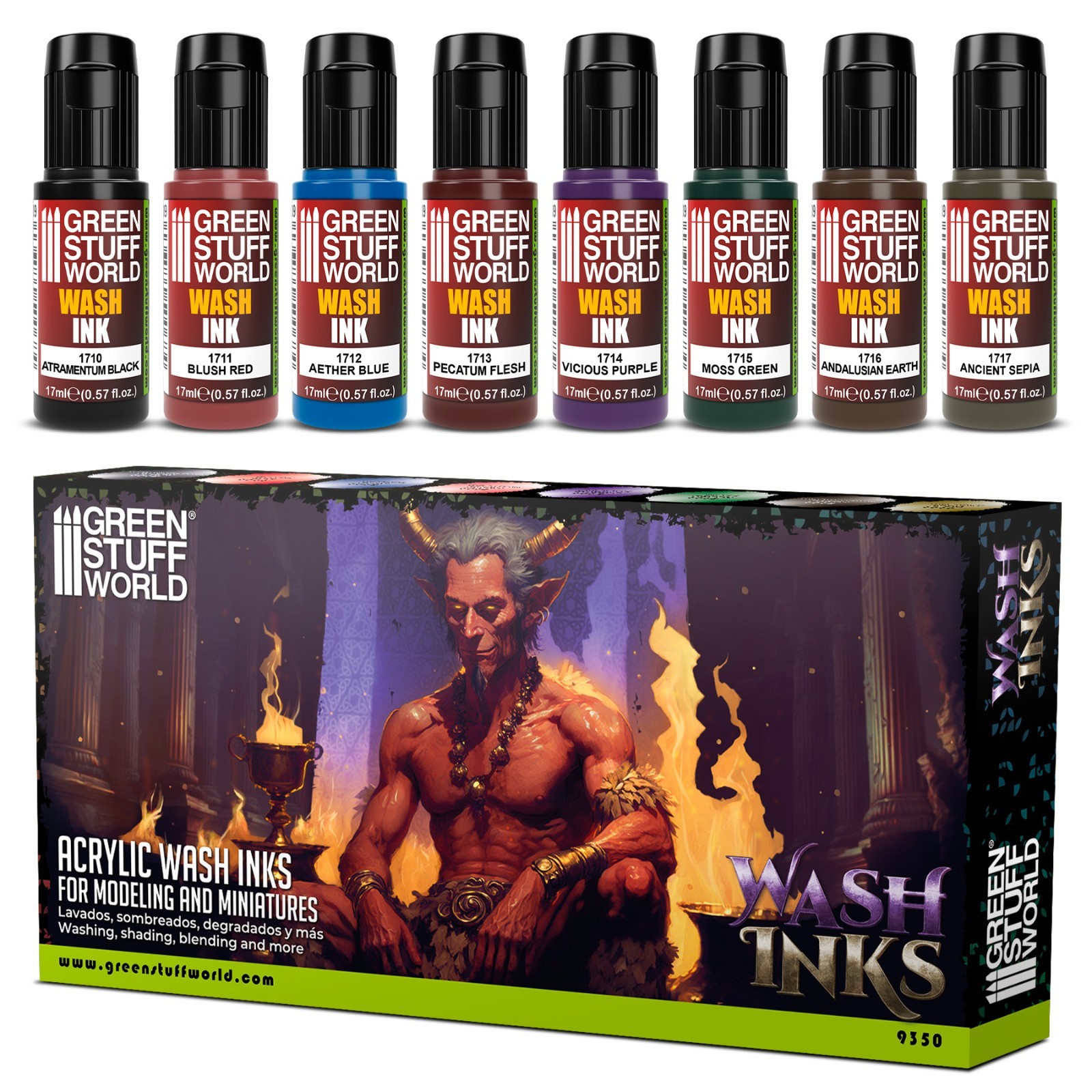Set x8 Acrylic WASH INK Paints 17ml - Intensity Airbrush Brush Figures Miniature