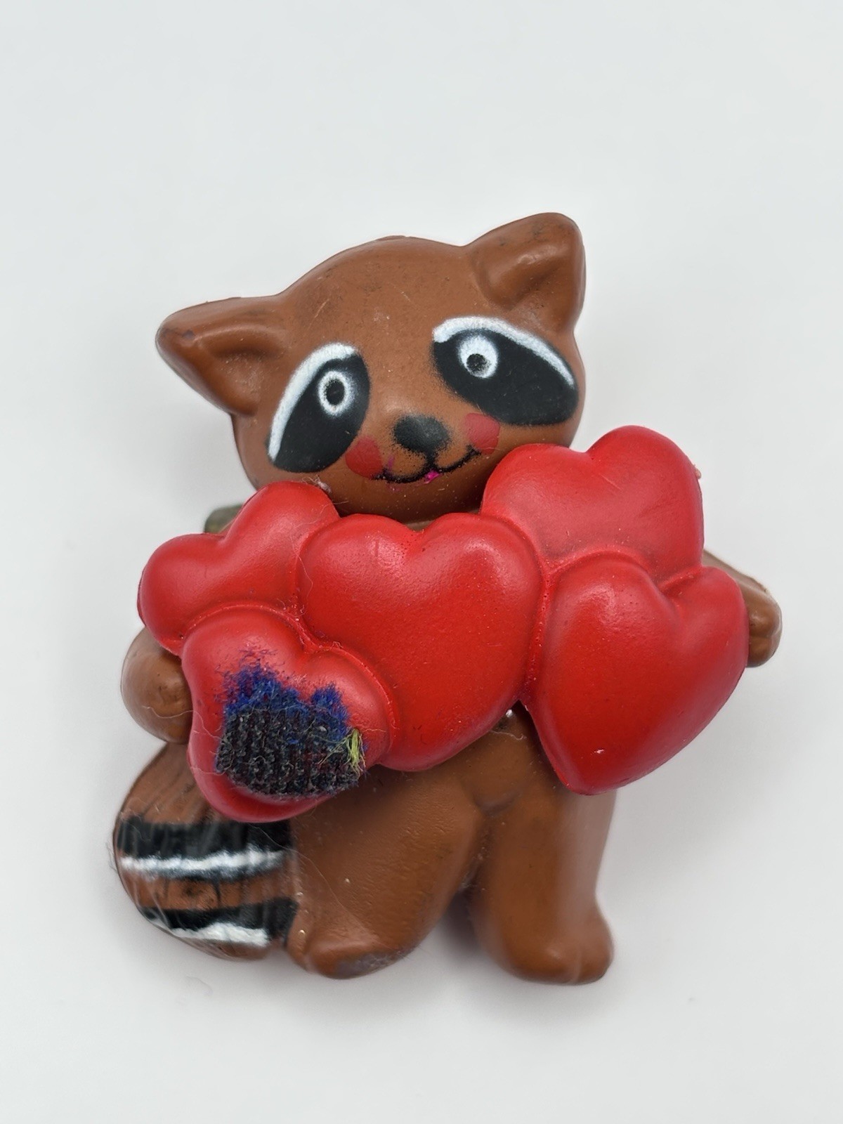 Vintage 1984 Fun World Brooch Valentines Racoon with Red Hearts, 1.5"