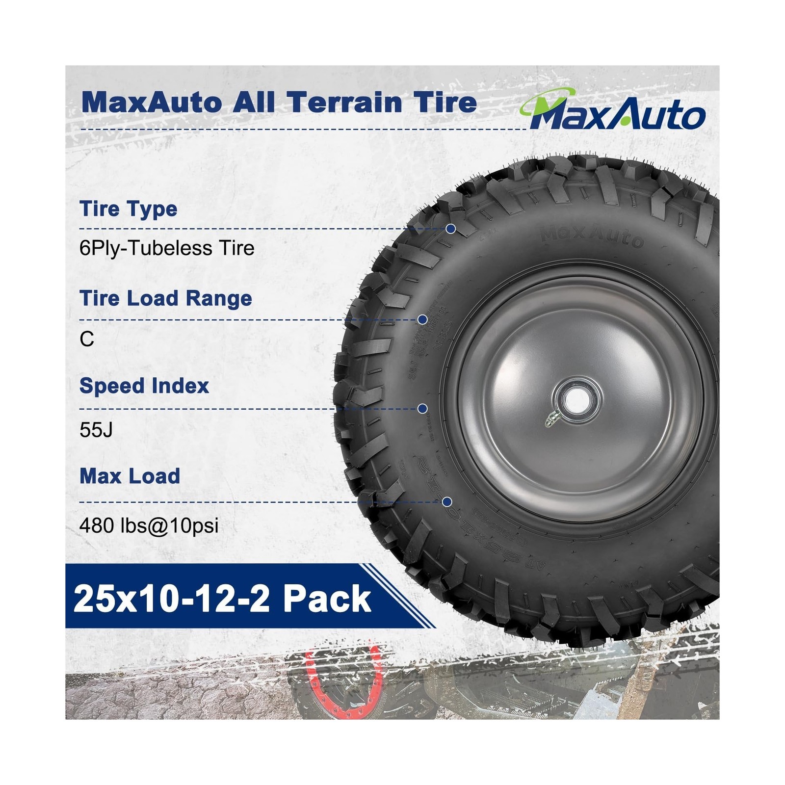 MaxAuto Set of 2 AT25x10-12 ATV UTV Mud Sand Tires,25x10x12 All-Terrain Off-R...