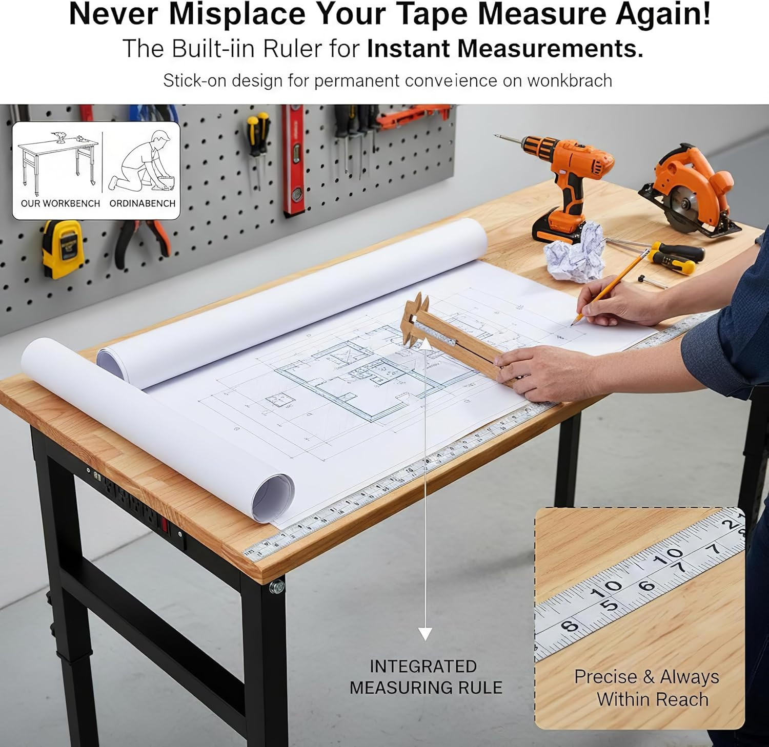 48" Adjustable Workbench, 8-Level Height Adjustable Rolling Work Table with Cast