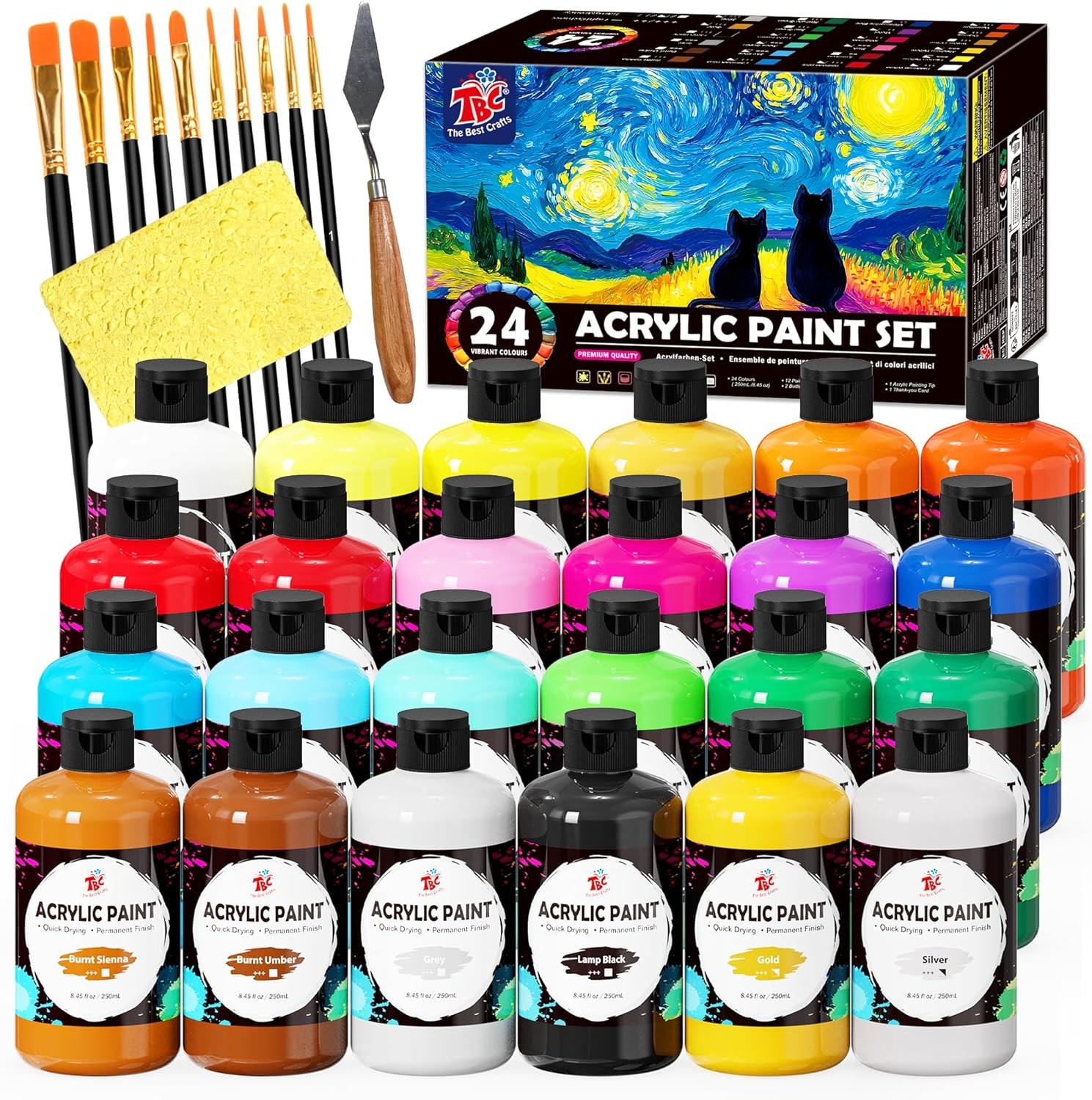 24 Colors 250ml Large Acrylic Paint Set w/ Brushes Sponge Palette Knives