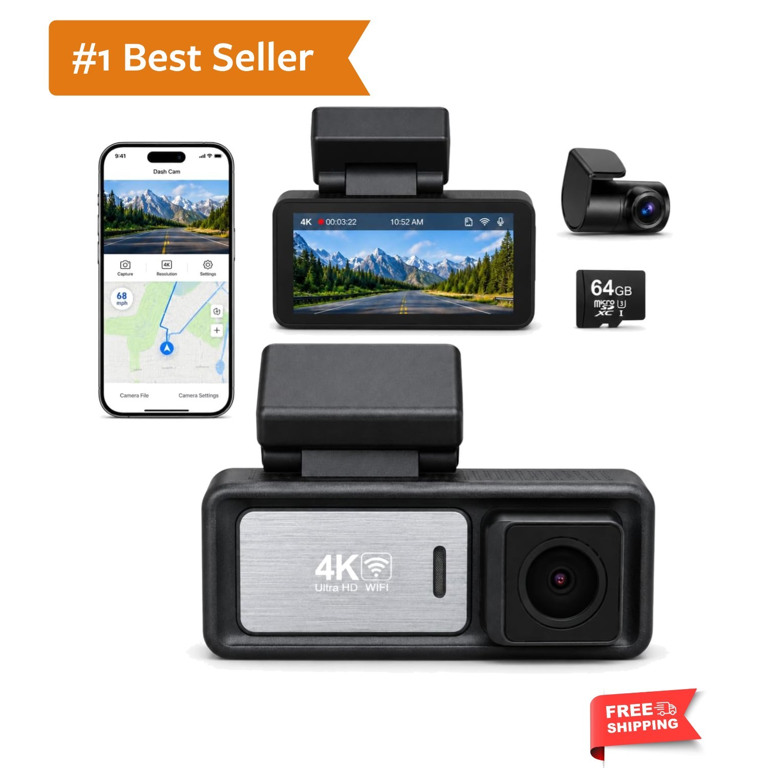 4K Dual Dash Cam Front and Rear — UHD 2160P & 1080P Car Camera with WiFi, 60F...