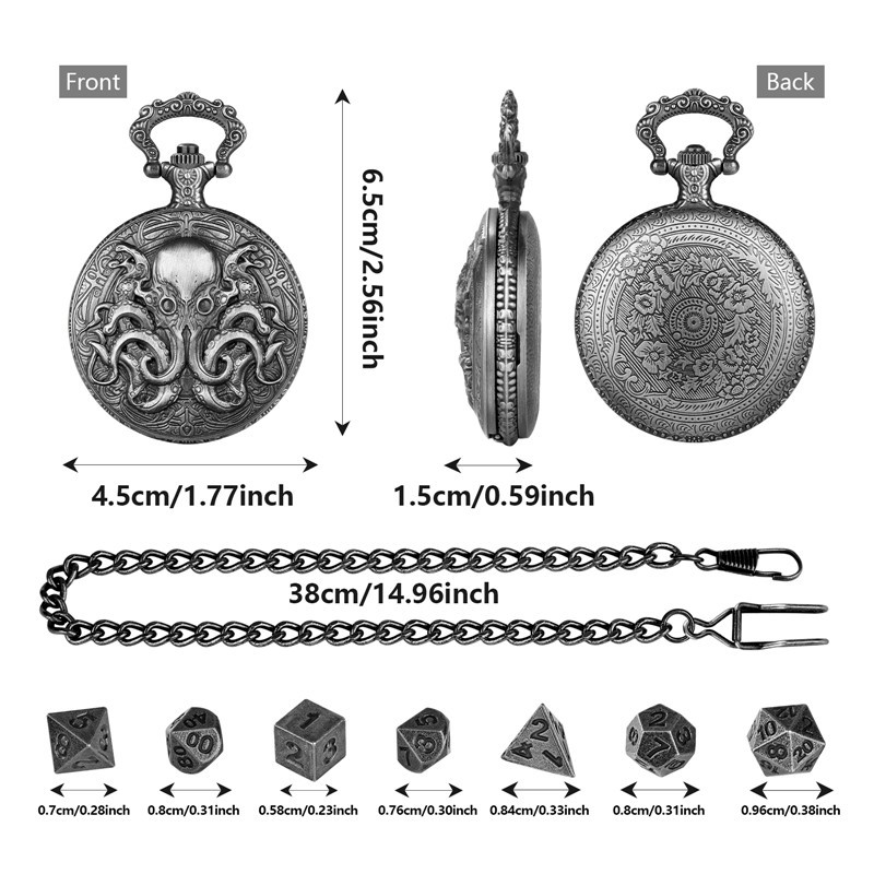 7pcs Solid Metal Polyhedral DND Dice Set in Octopus Pocket Watch Case with Chain