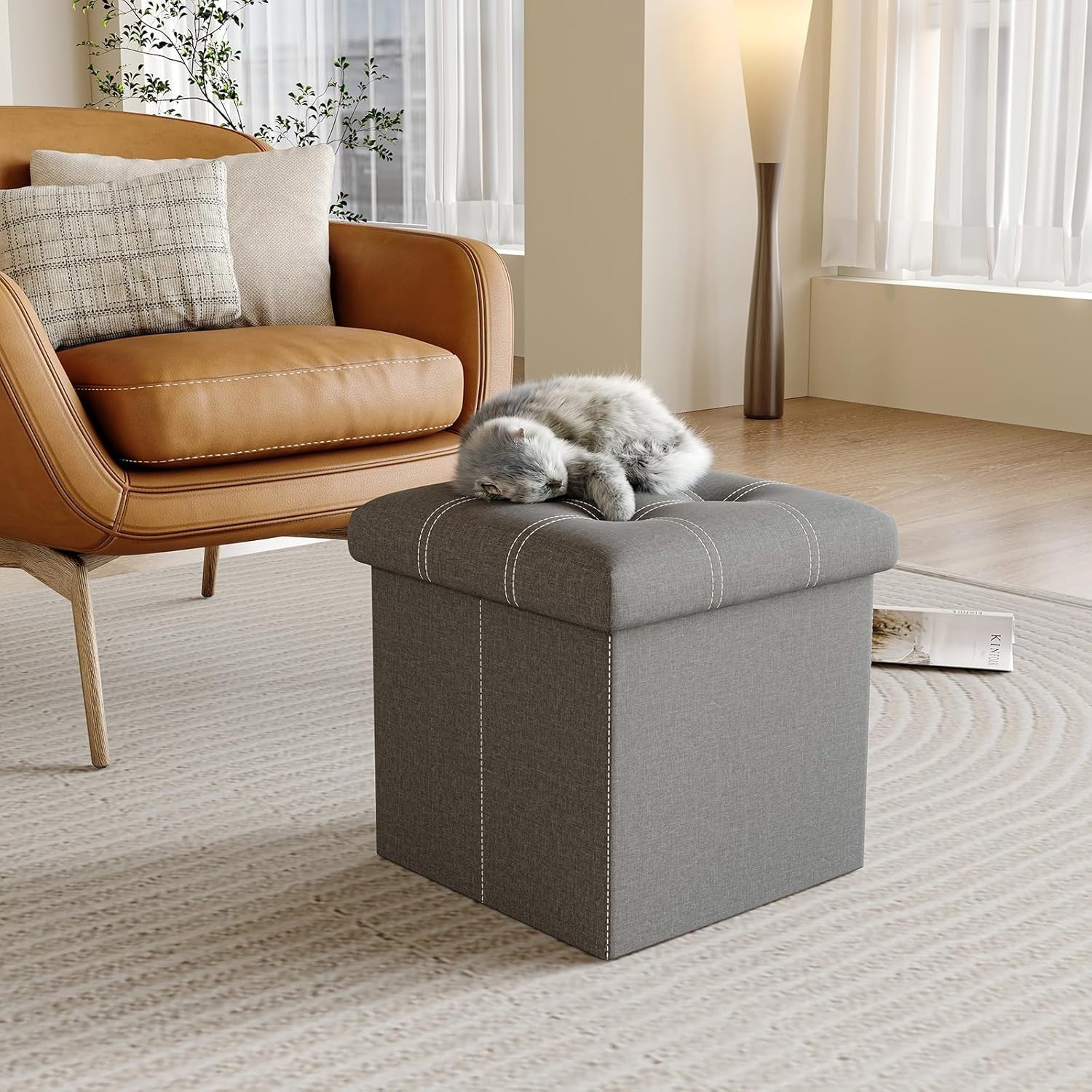 15 inches Storage Ottoman Cube, Foldable Storage Boxes, Padded Seat for Dorm ...