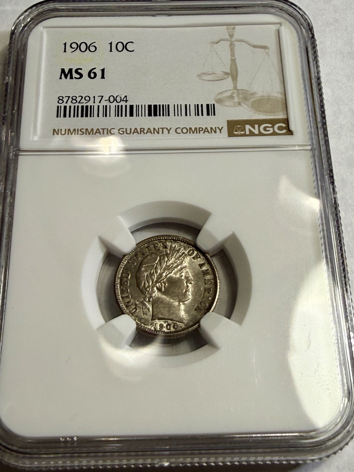 1906 P 10C BARBER SILVER DIME NGC MS61 - BK2