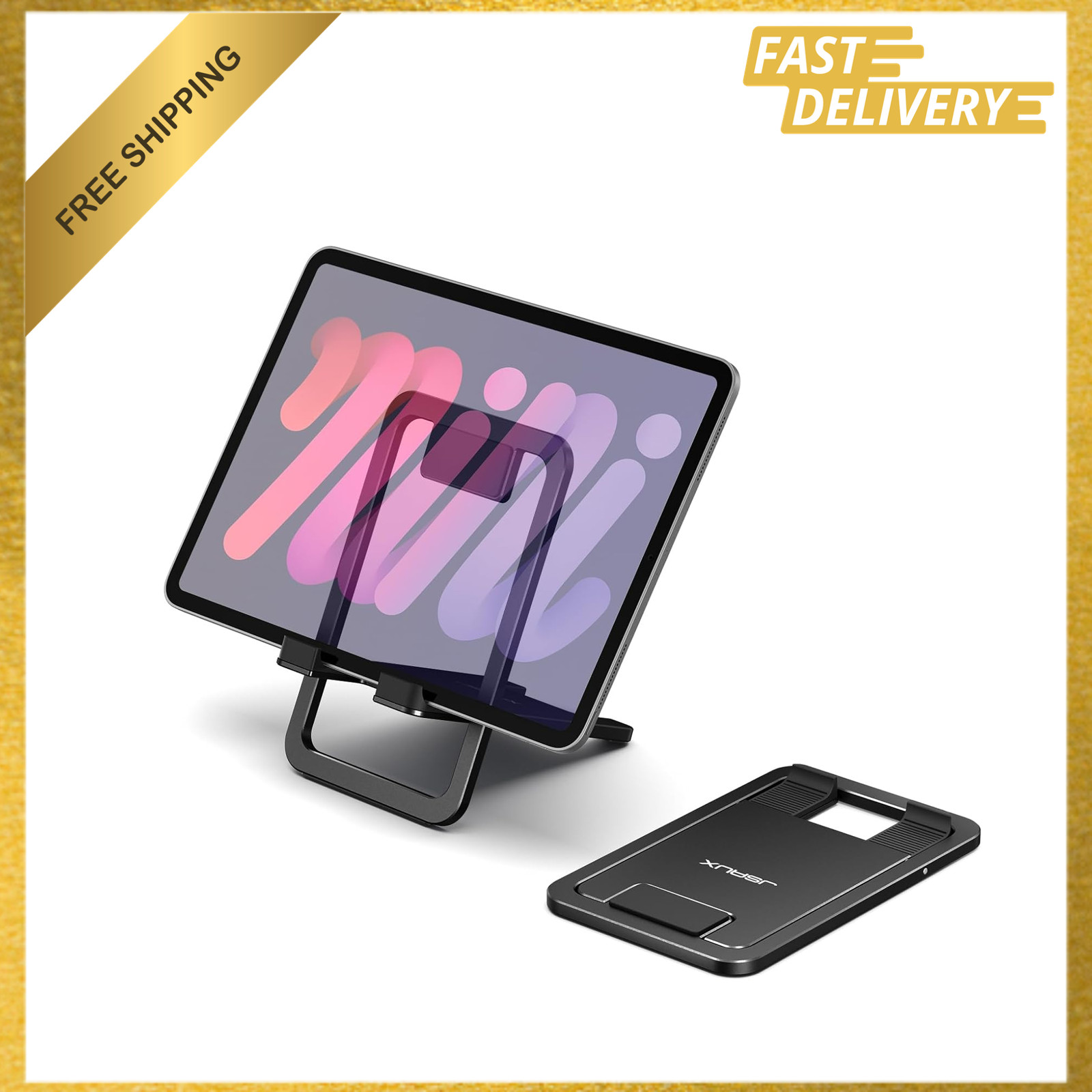Tablet Stand, Adjustable Fold-Flat Holder, Alloy, Black, Compatible with iPads