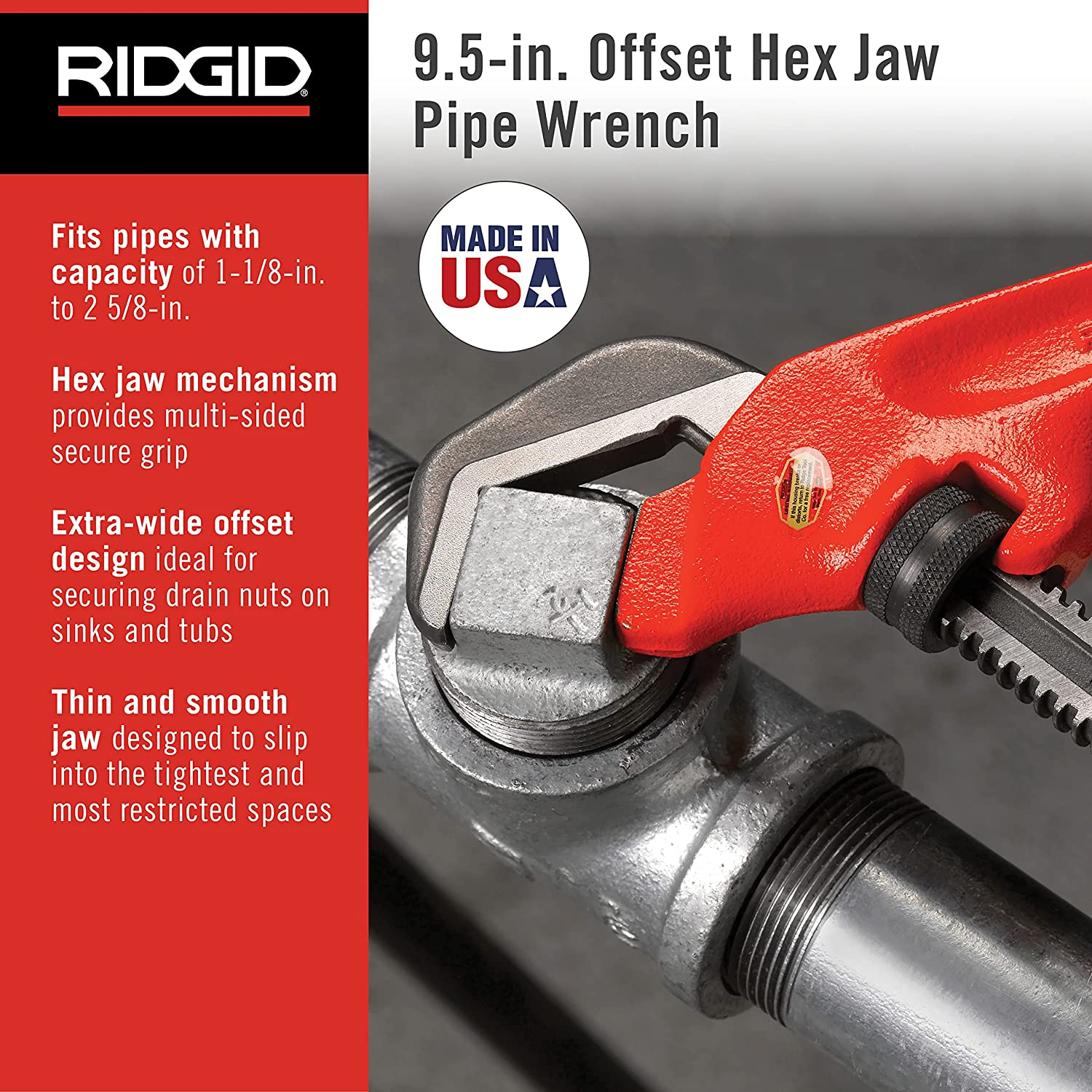 RIDGID 31305 Model E-110, 9.5" Offset Hex Jaw Pipe Wrench, Red, Made in the USA