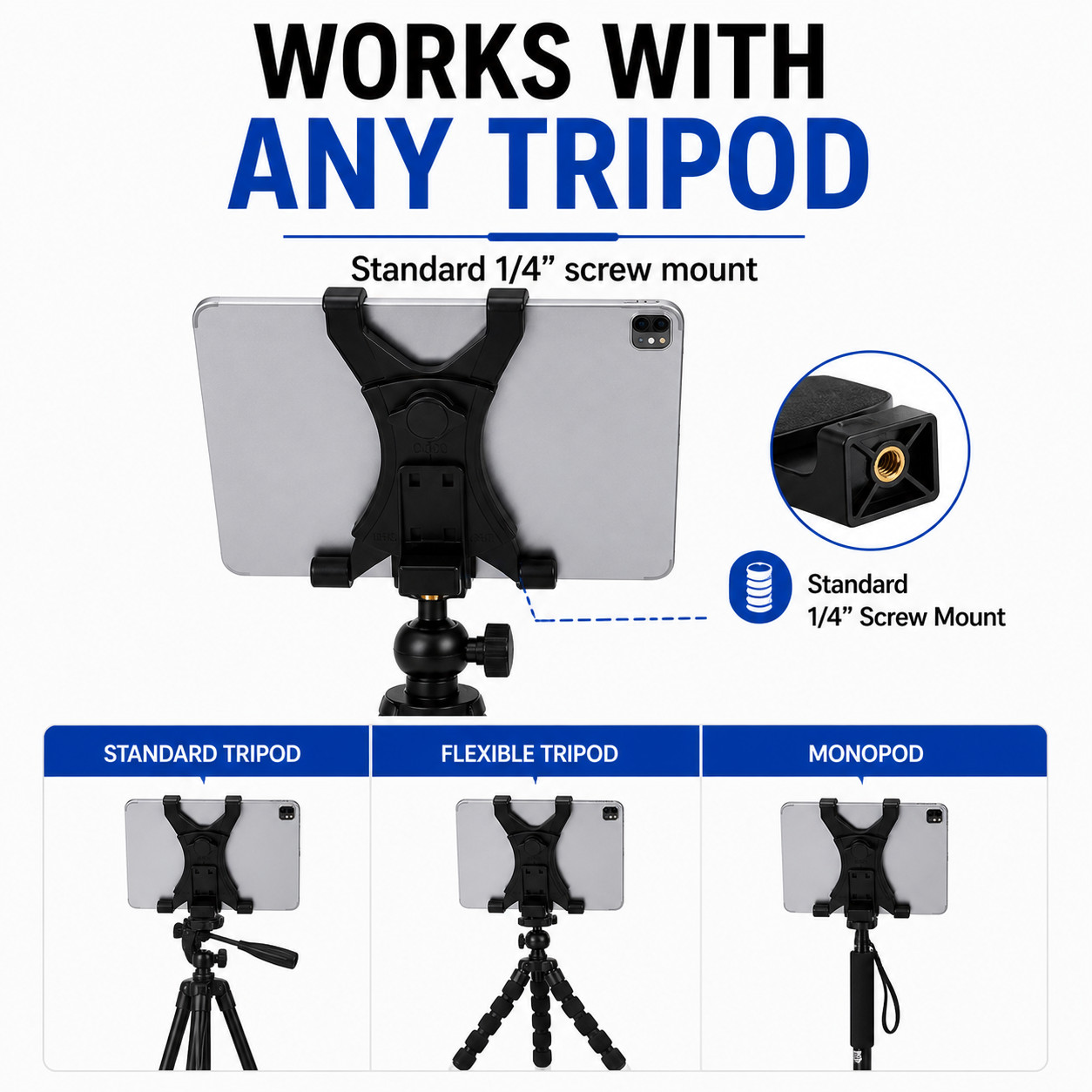 Tripod Mount Holder Bracket 1/4" Thread Adapter For 7"-12" Tablet iPad Universal