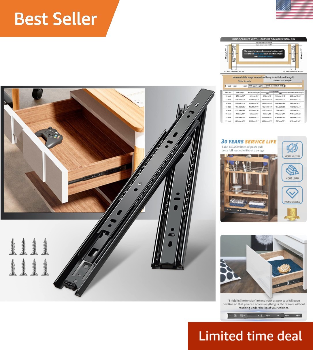 12-Inch Full Extension Drawer Slides - Sturdy Black Ball Bearing Track Guide