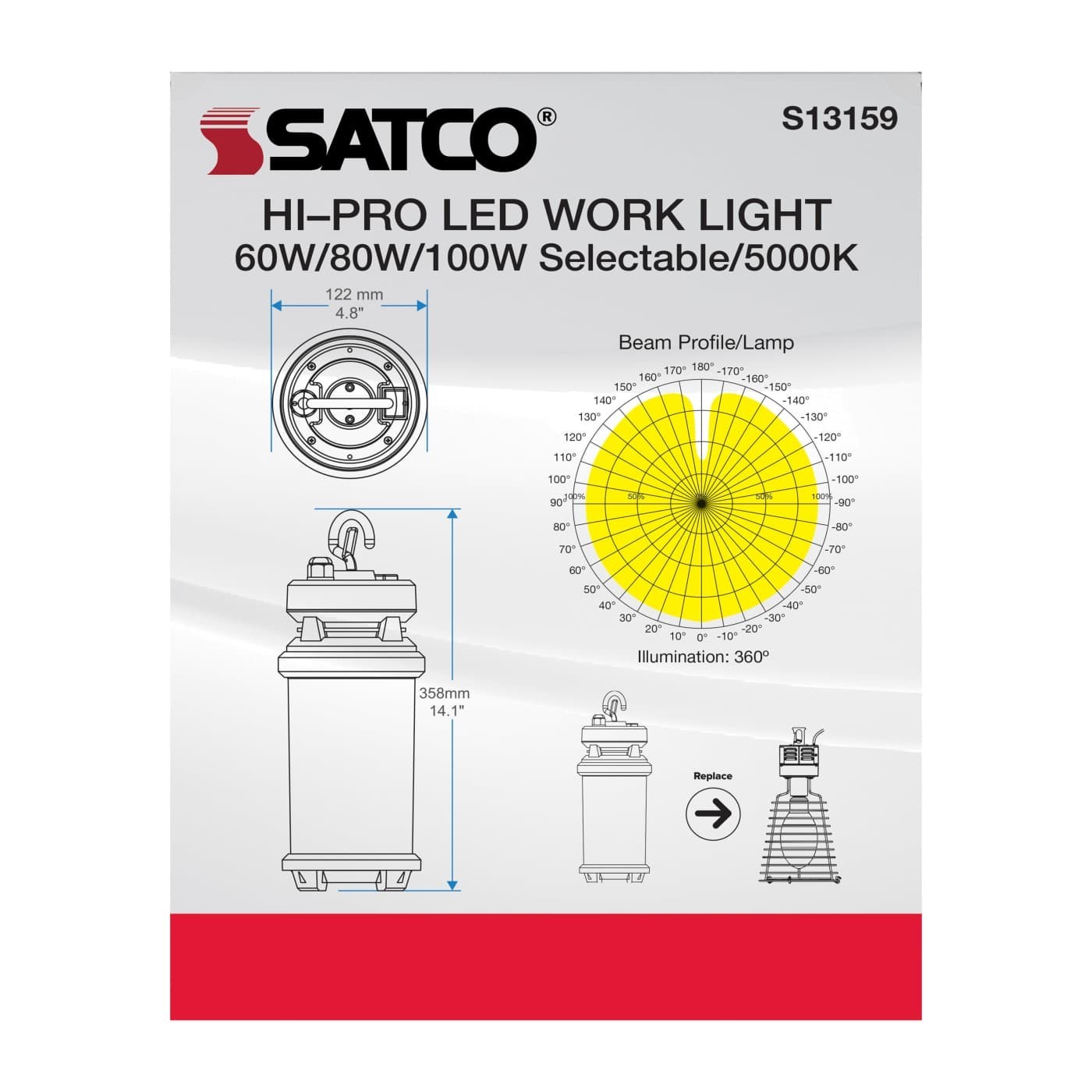 Satco S13159 - 60/80/100 Wattage Selectable LED Hi-lumen Temp Work Light - 5000K