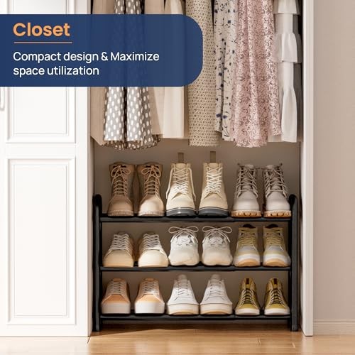 Expandable Shoe Rack Adjustable Shoe Organizer Shelf for Closet, Black 3 Tier