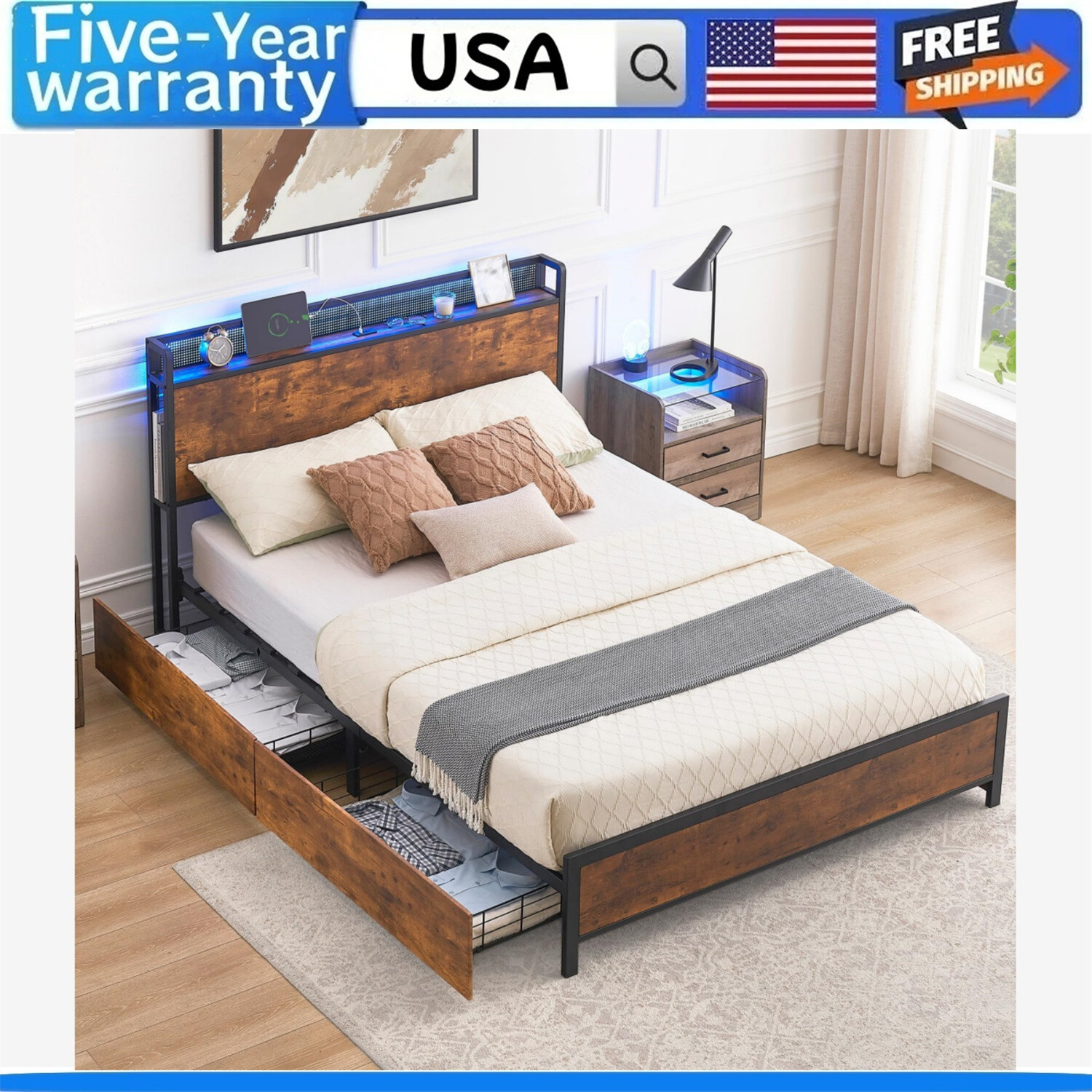 ✅FULL/QUEEN Bed Frame with 4 Drawers Lights and Charging Station Headboard