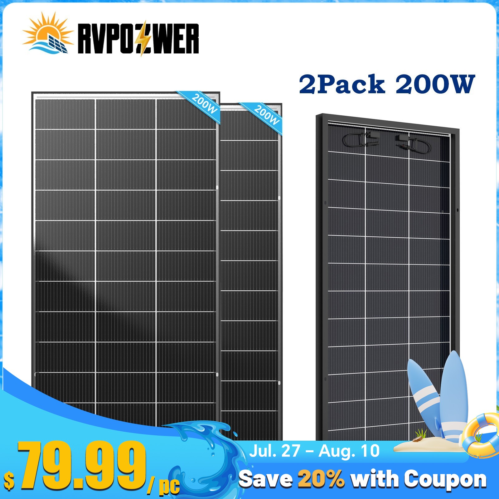 2Pack 200W（400W）N-Type 18BB Bifacial Solar Panel Mono Cell Off Grid Roof RV Boat