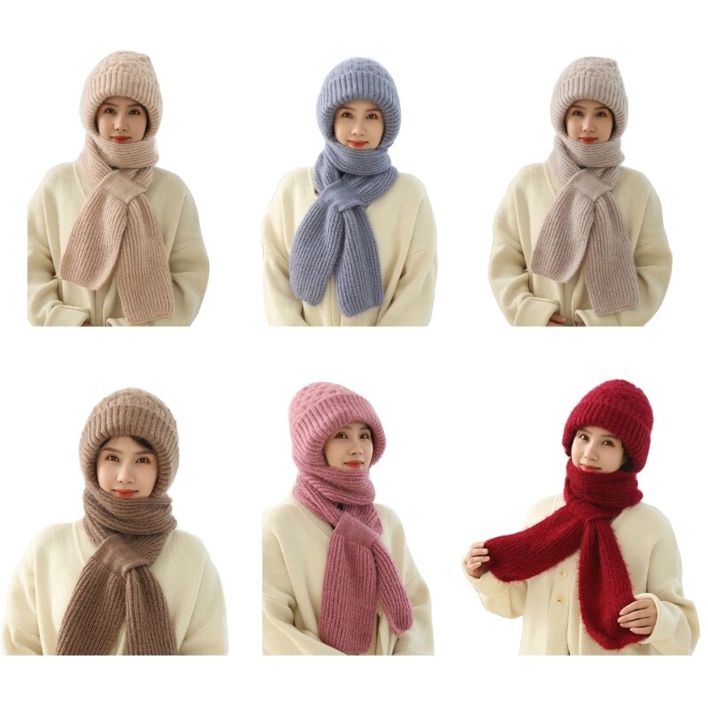 2-in-1 Knitted Scarf Hat Hooded Skull Lady Winter Warm Hat Casual Headwear