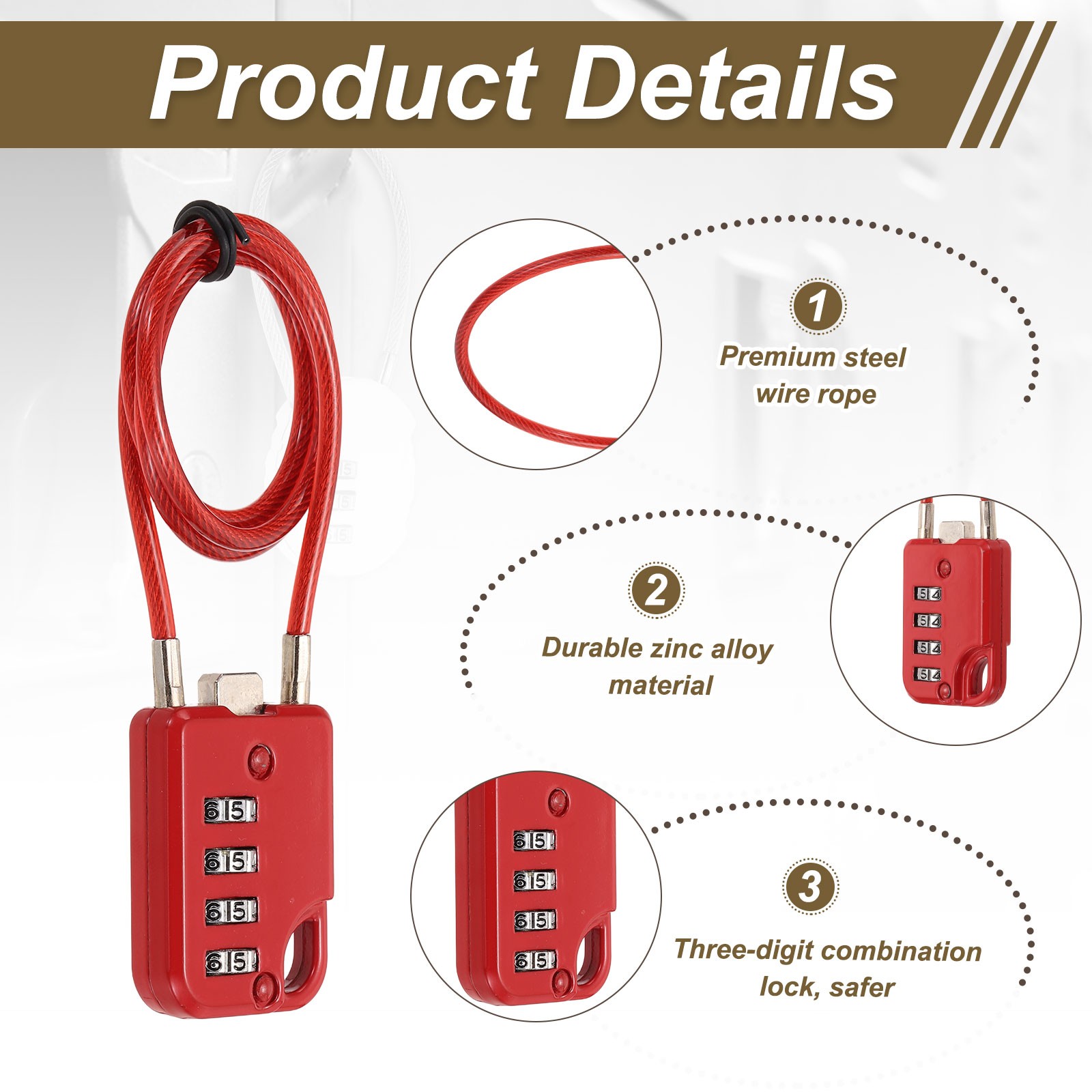 1-Pack Combination Padlock, 4 Digit 20 in Cable Luggage Lock [Red]