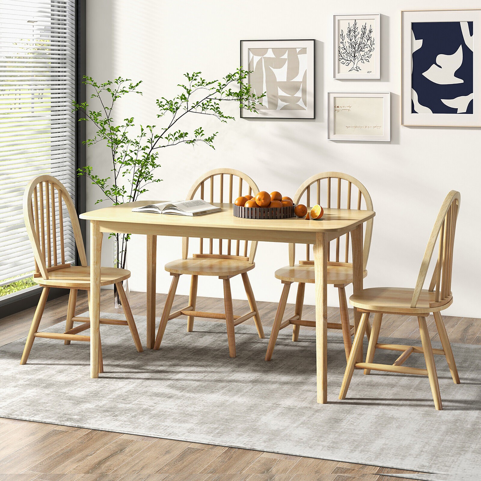 5 PCS Wooden Dining Table Set 48" Rectangular Kitchen Table & 4 Windsor Chairs