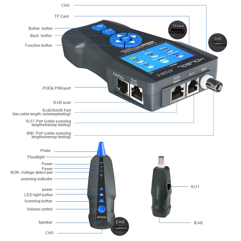 Network Cable Metal Tester TDR Multi-functional Tracker RJ45 RJ11 BNC PING POE