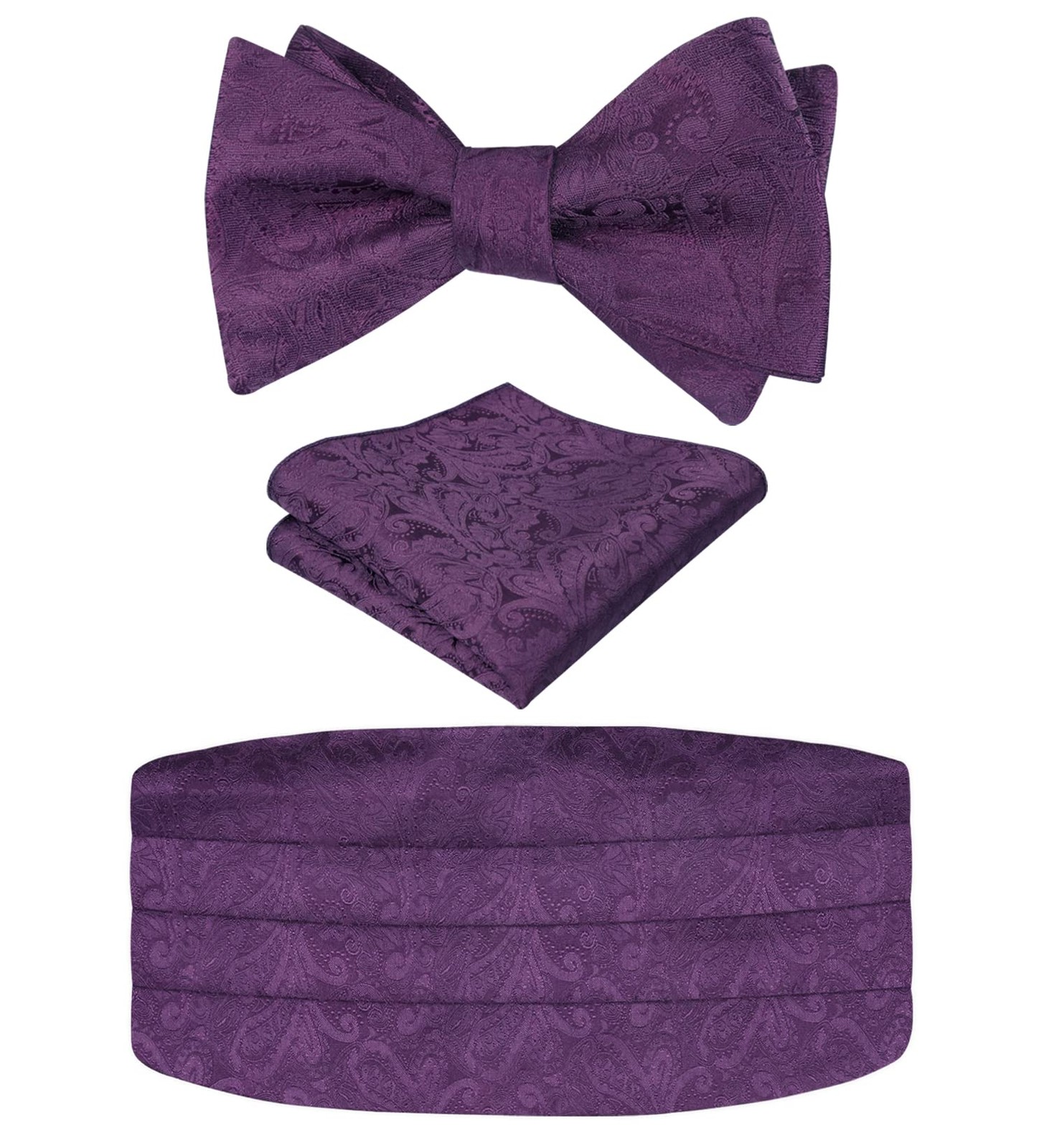 Mens Paisley Cummerbund and UNTIED Bow Tie with Hanky Set Plum Purple