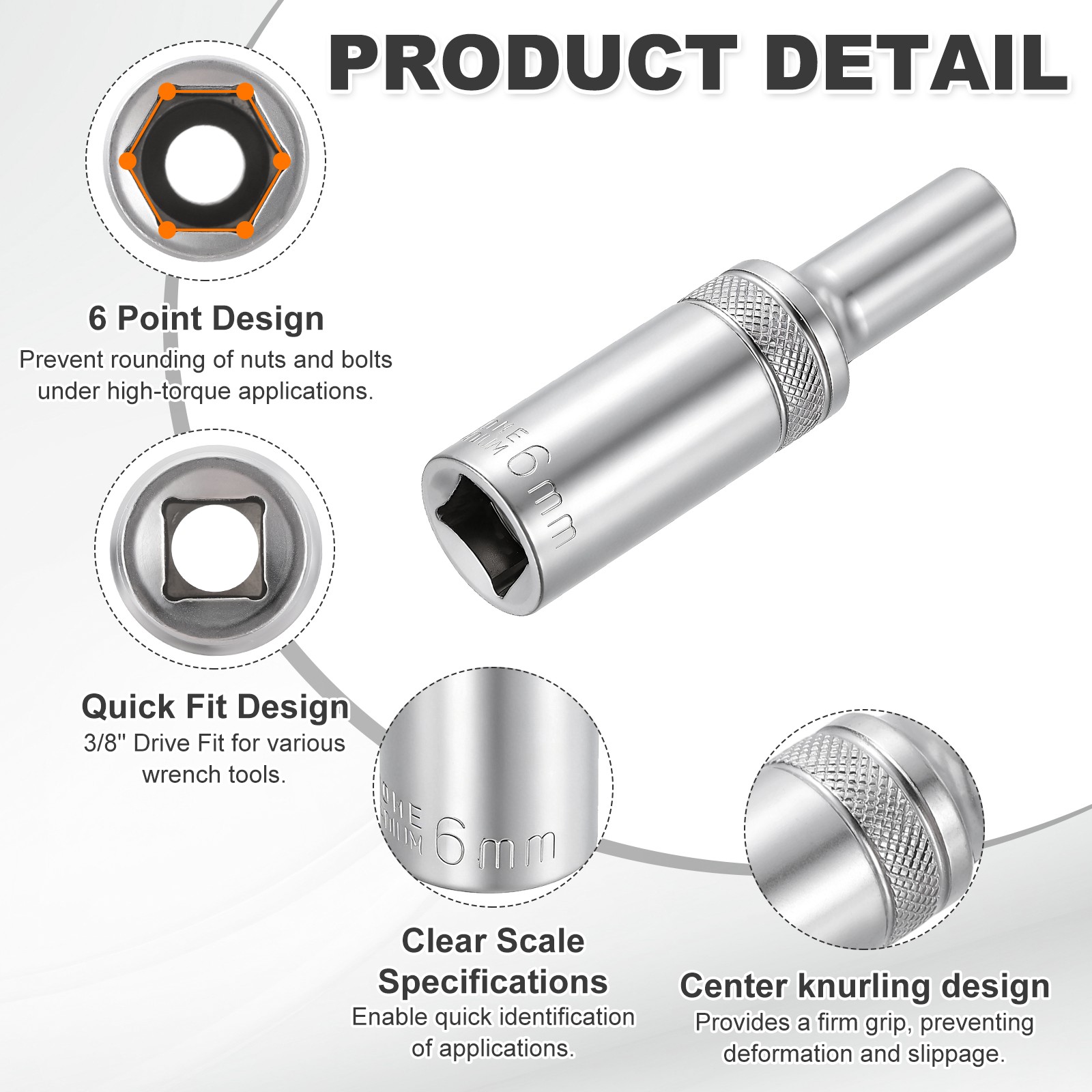3pcs 6 Points Deep Socket 3/8" Drive 6mm Nickel Plating Impact Socket 2.5" Long