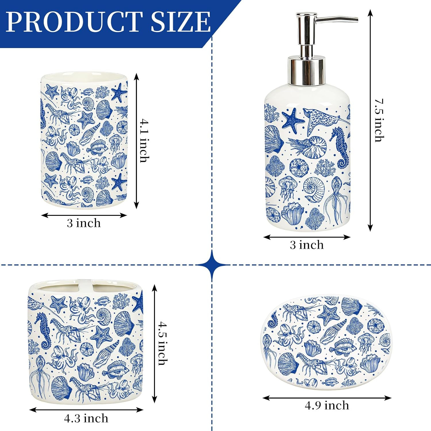4Pcs Blue Beach Ceramic Bathroom Accessories Coastal Seashell