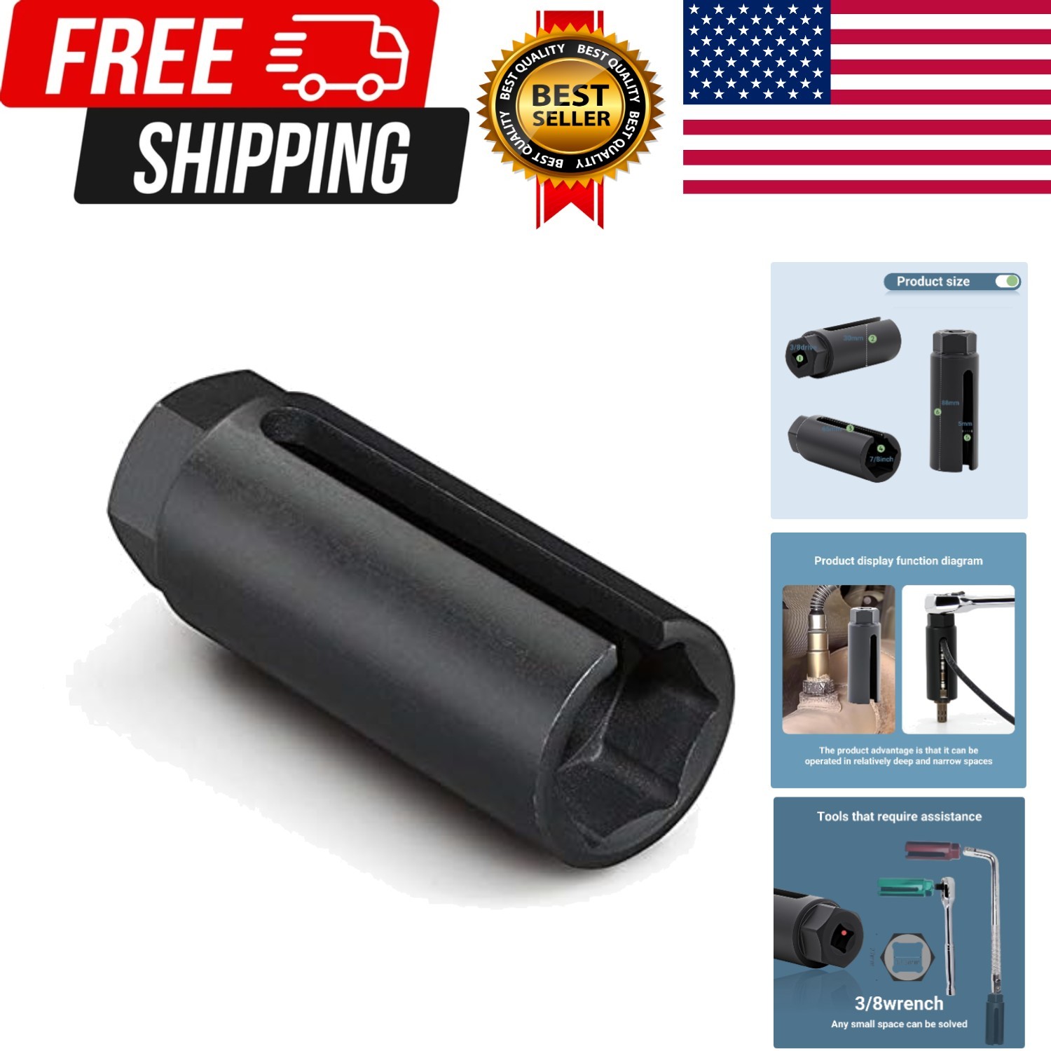 Oxygen Sensor Socket with Side Wire Cutout 3/8” Inch Drive x 7/8” 22mm fits A...