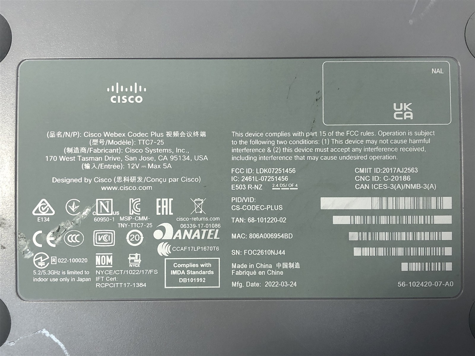 Cisco Webex Plus TTC7-25 CS-Codec-Plus w/ AC
