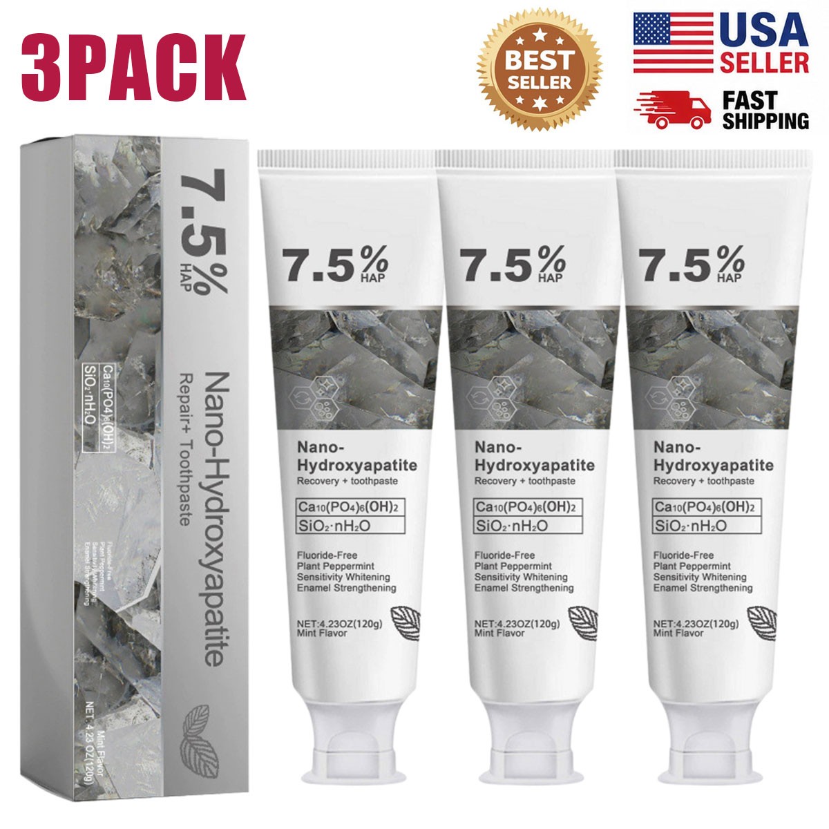3PCS 7.5% Nano Hydroxyapatite Toothpaste For Sensitivity Relief & Remineralize