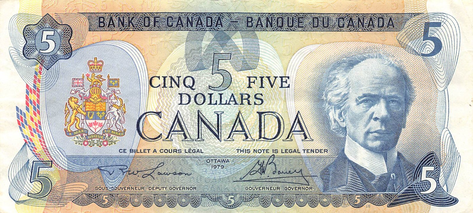 Canada  $5  1979  P 92a  Serial # on the back  Circulated Banknote N #5