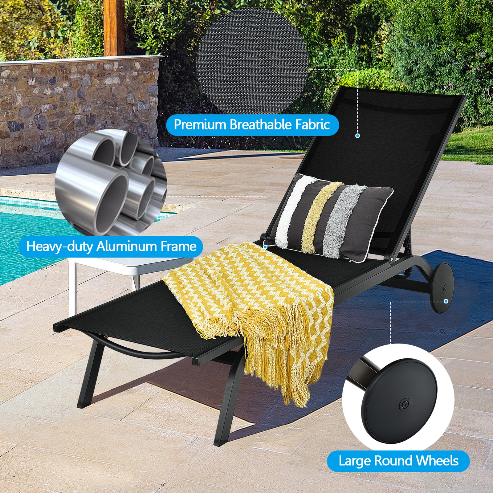 Patio Chaise Lounge Sling Armless back Adjustable Outdoor Black
