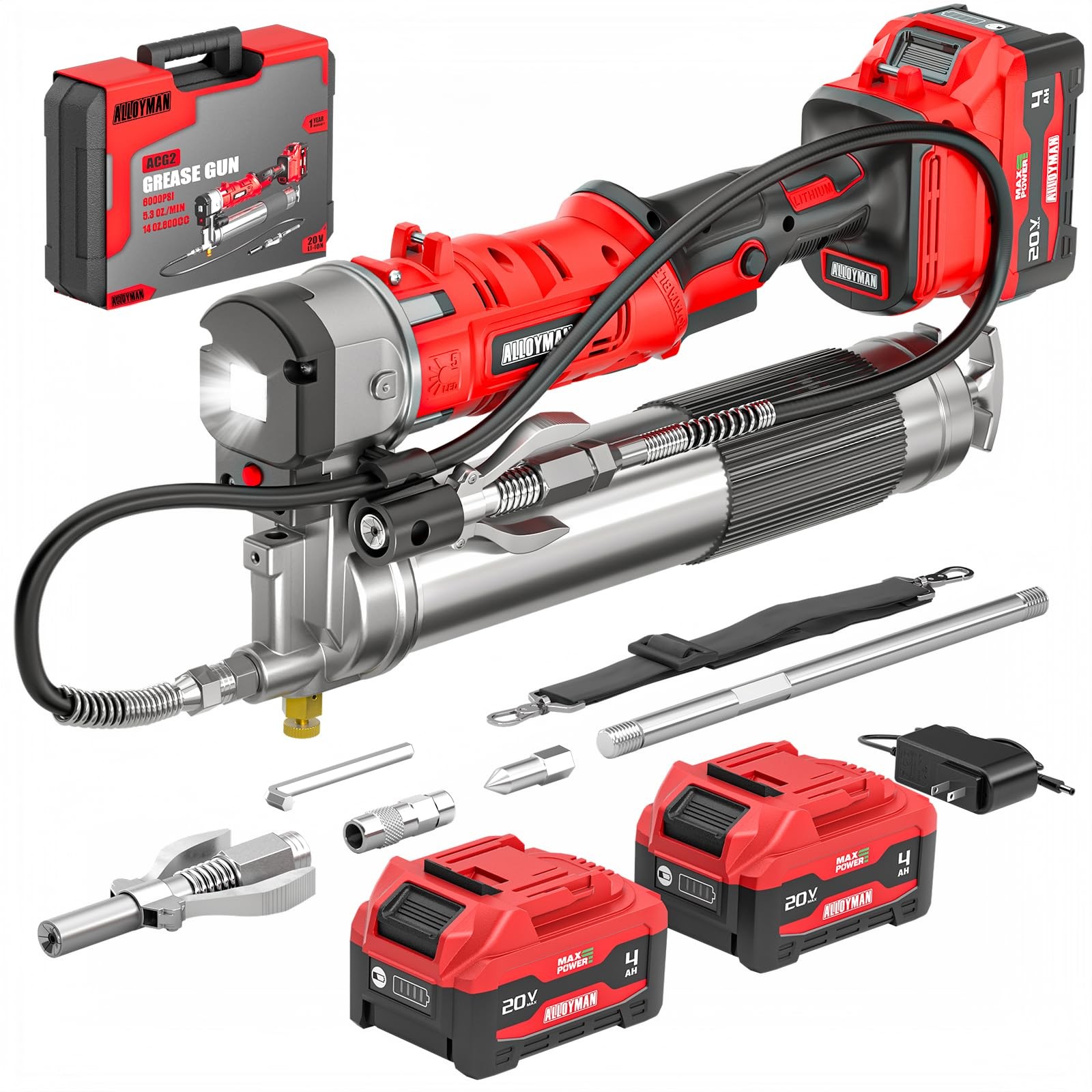 Alloyman 2-in-1 Electric Grease Gun Kit, Upgraded 12,000 PSI,2×4000mAh Large