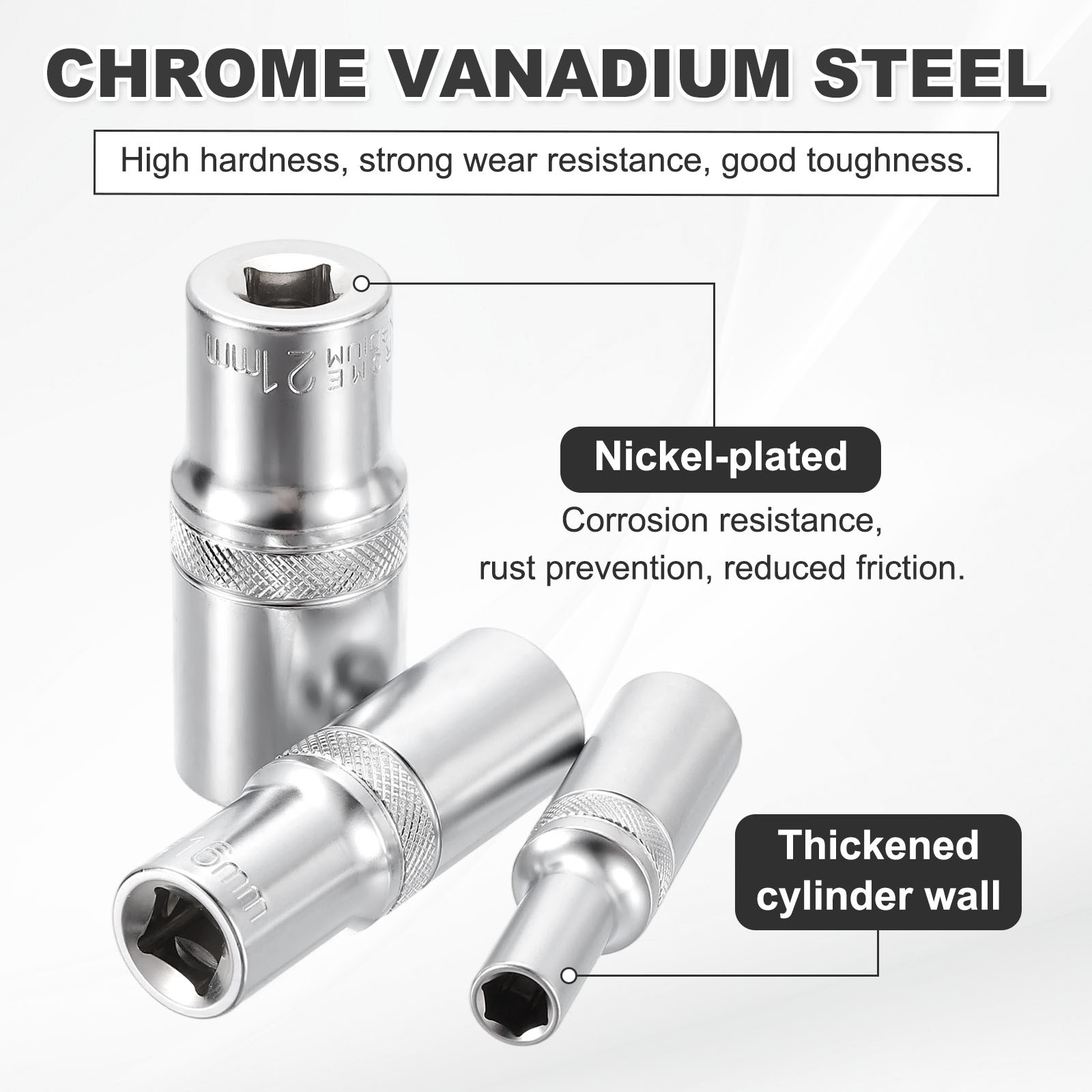 3pcs 6 Points Deep Socket 3/8" Drive 6mm Nickel Plating Impact Socket 2.5" Long