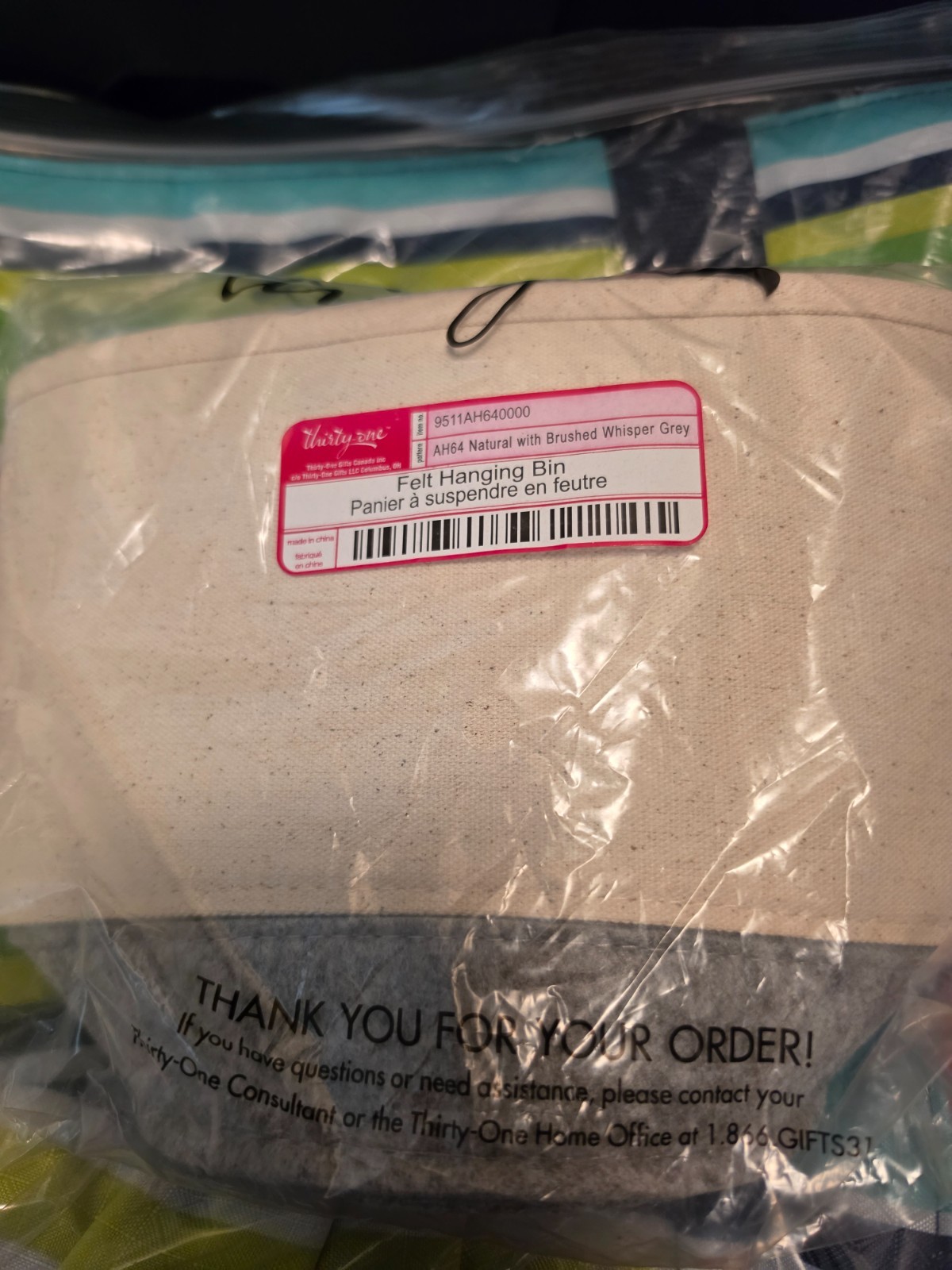 Thirty One 31 Felt Hanging Bin Natural w/ Brushed Whisper Grey NEW