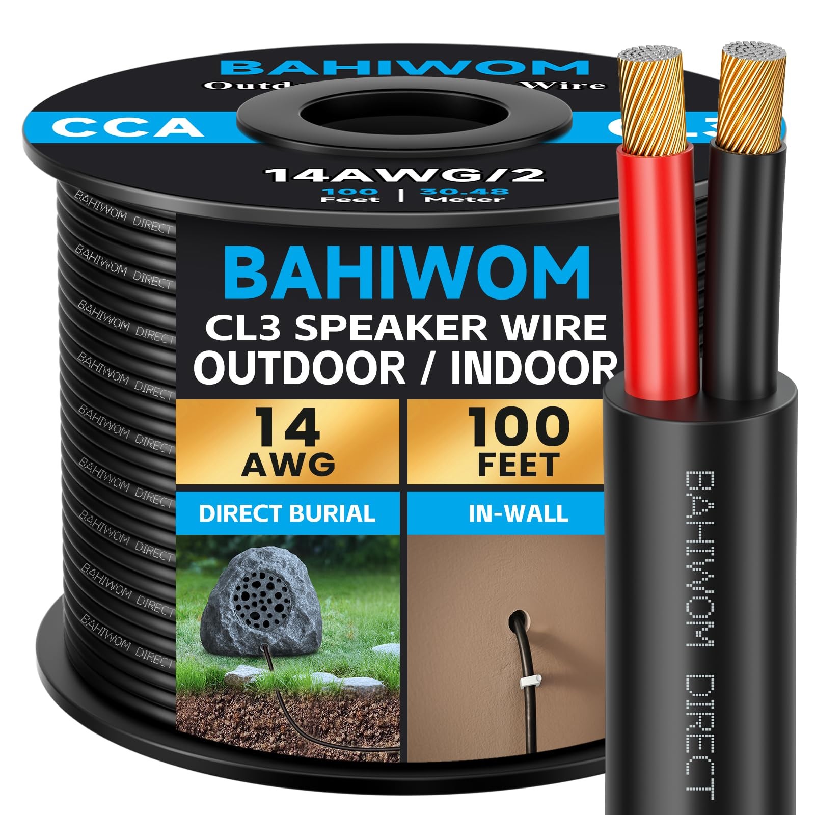 BAHIWOM Outdoor Speaker Wire 14 AWG (100 Feet/30.48 Meters) CCA Speaker Cable CL