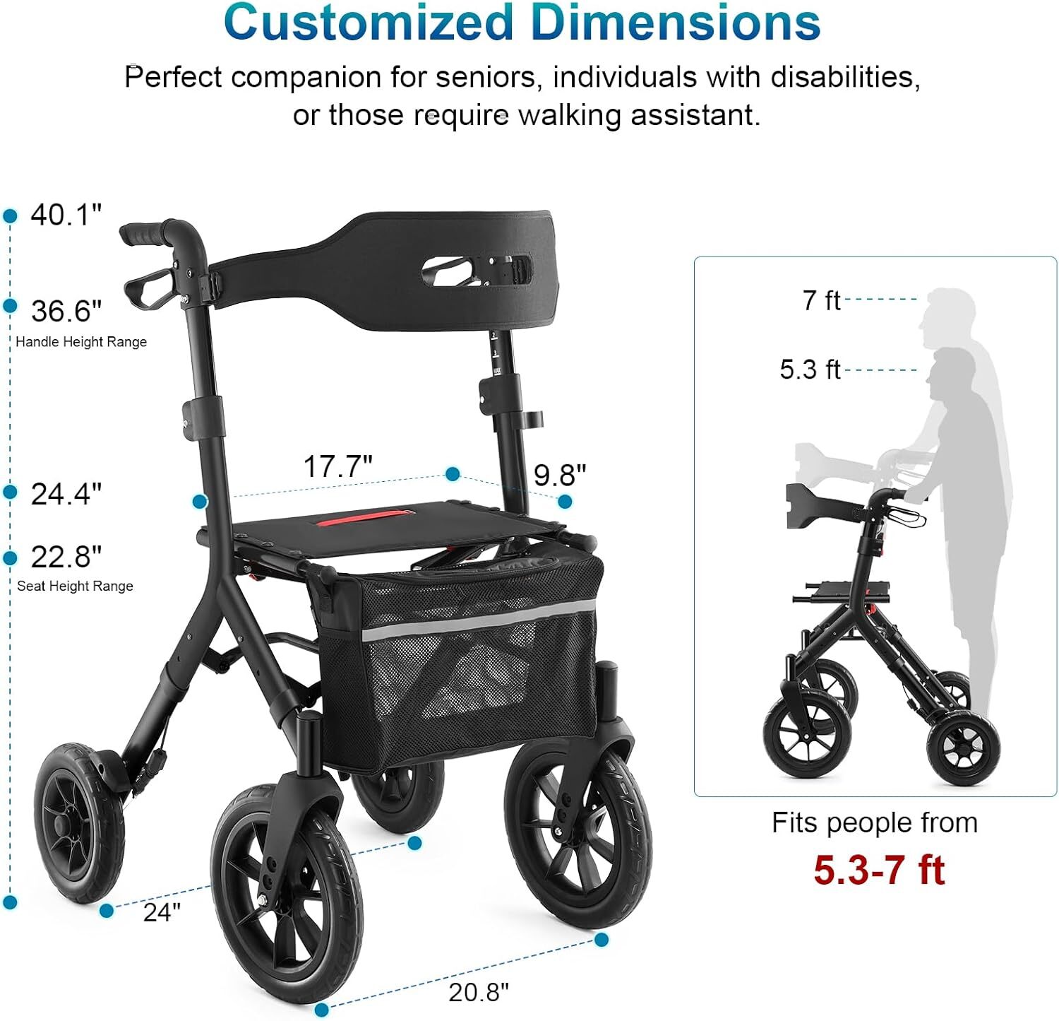 Aluminum Foldable All Terrain Rollator Walker Adjustable w/ Seat Back for Adults