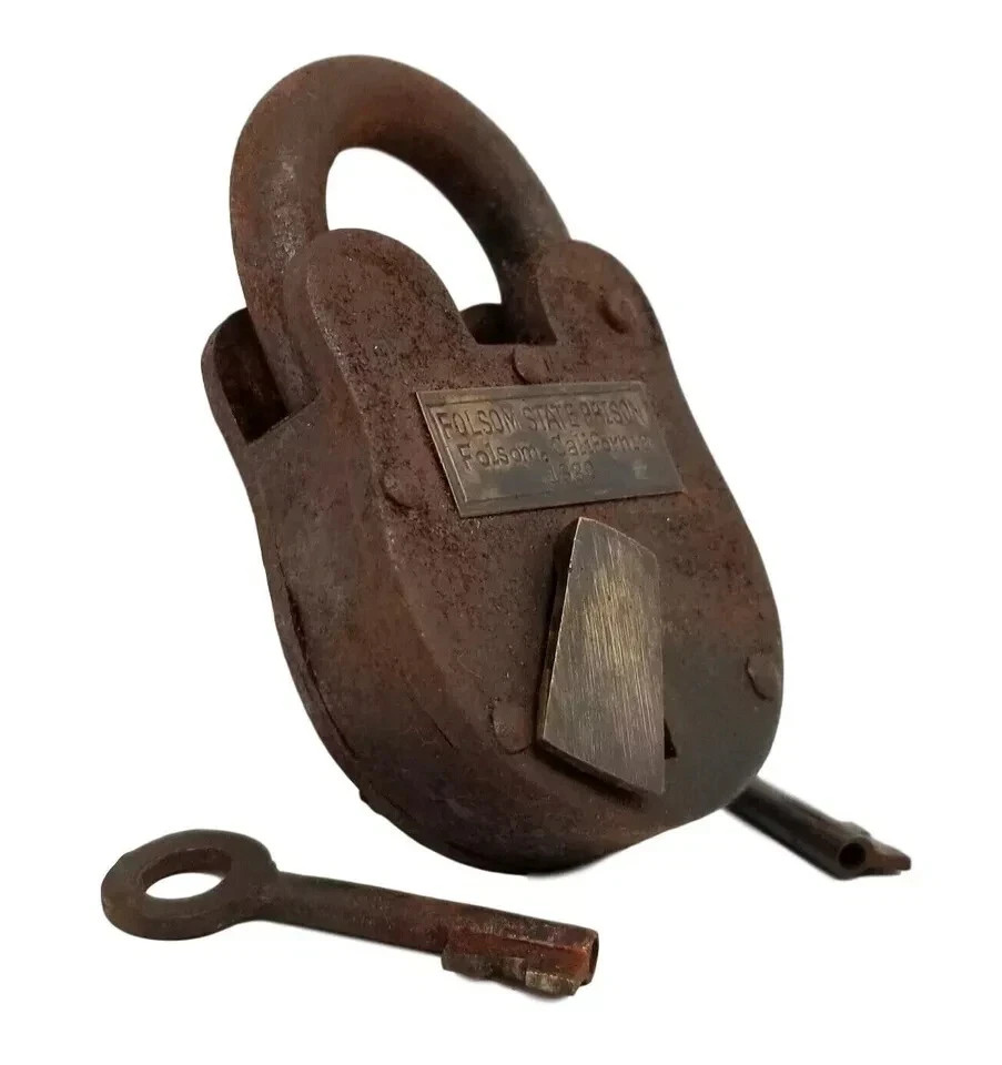 Padlock Folsom State Prison Cast Iron 1880 Working Lock Rusty lock & Brass Tag