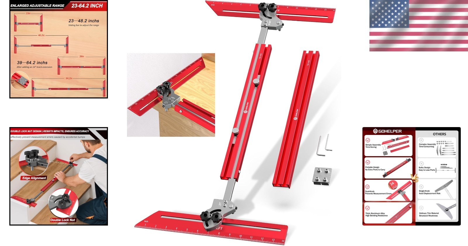 Precision Adjustable Stair Tread Template Tool 23" to 64.2" for Woodworking