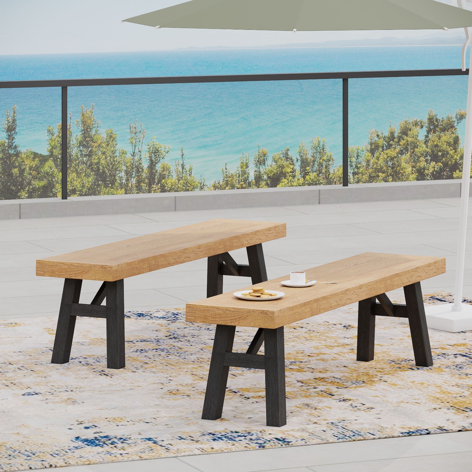 63 " Outdoor Acacia Wood Dining Bench Chair  for Patio Garden (Set of 2)