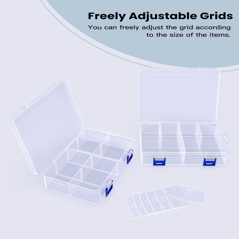 Clear Plastic Storage Box 8 Grids with Adjustable Dividers Stackable 8