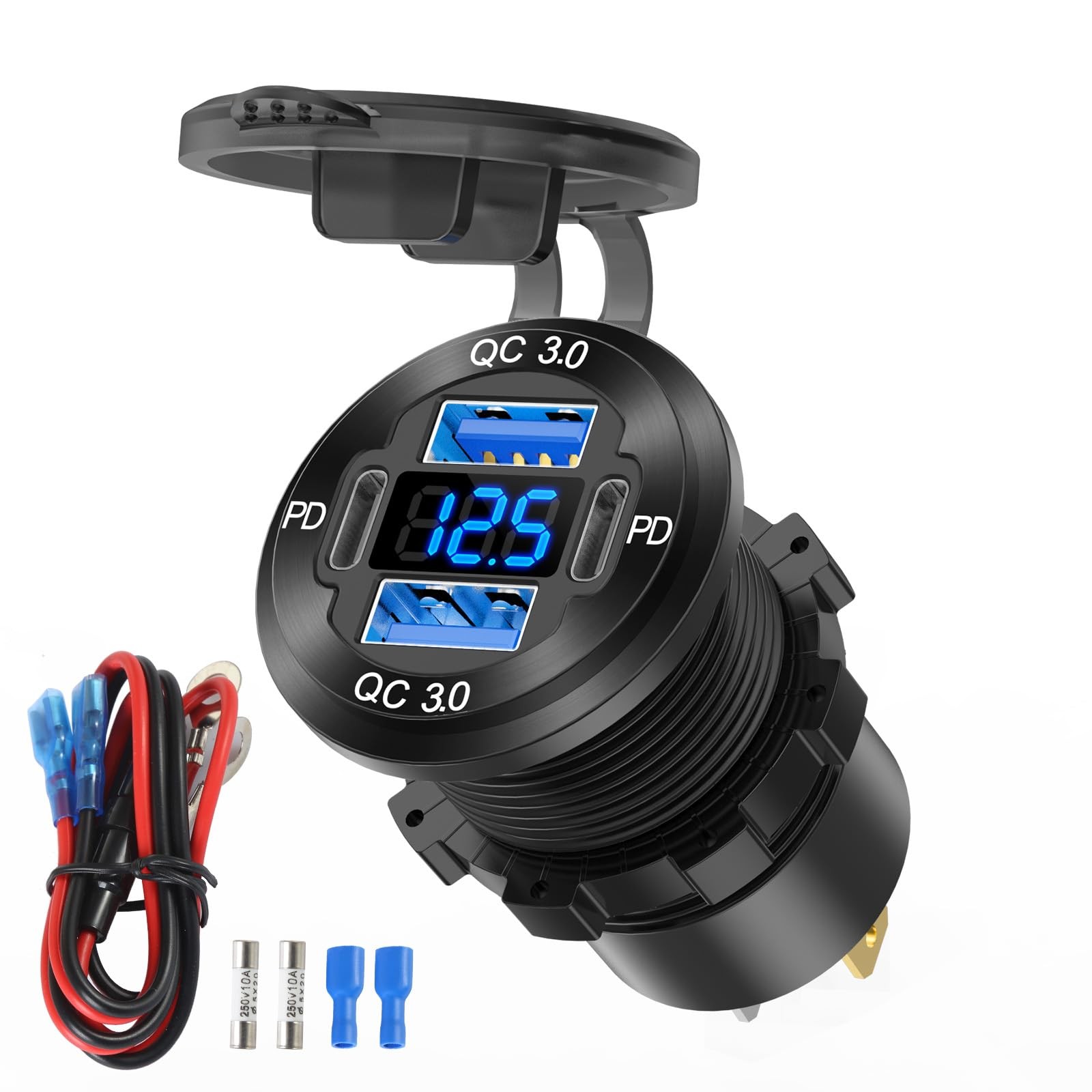 78W 12V USB Outlet 4 Port Car Charger Socket, Dual PD USB C and Dual Quick Ch...