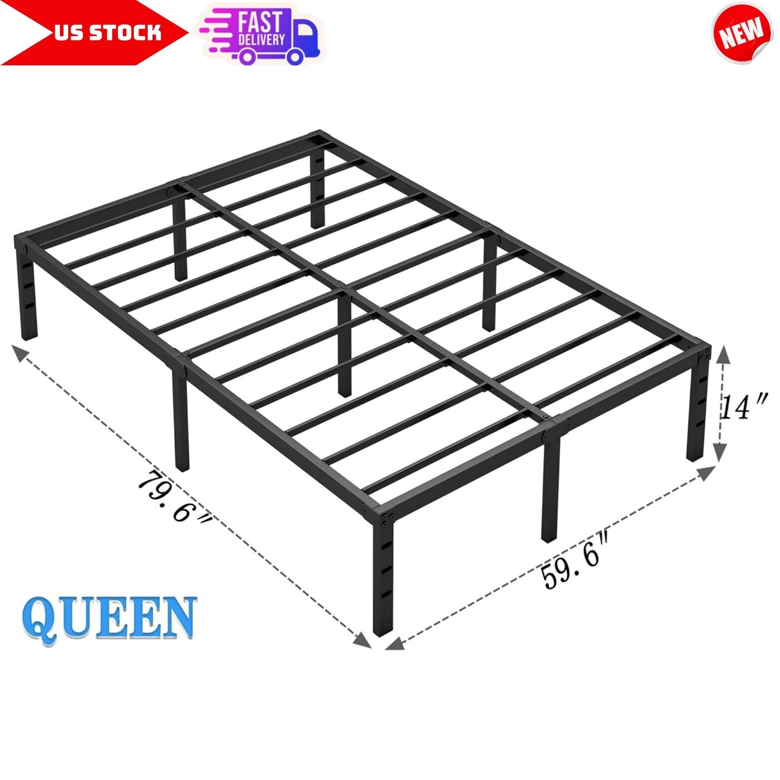 Queen Size Metal Bed Frame with Storage Space, Sturdy Mattress Foundation, 14"