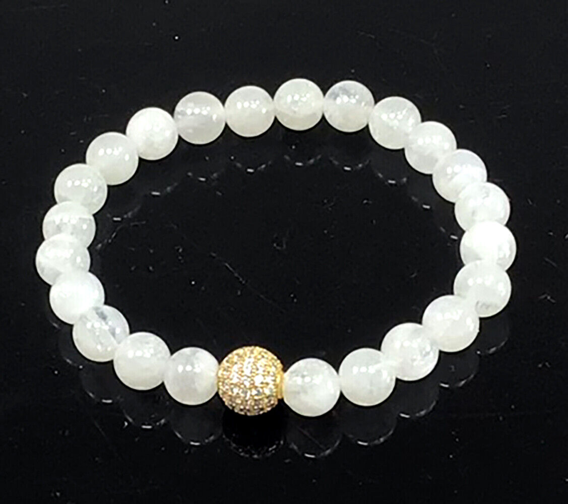 White Moonstone Bracelet Round Beads 9mm Healing Gemstone Stretch