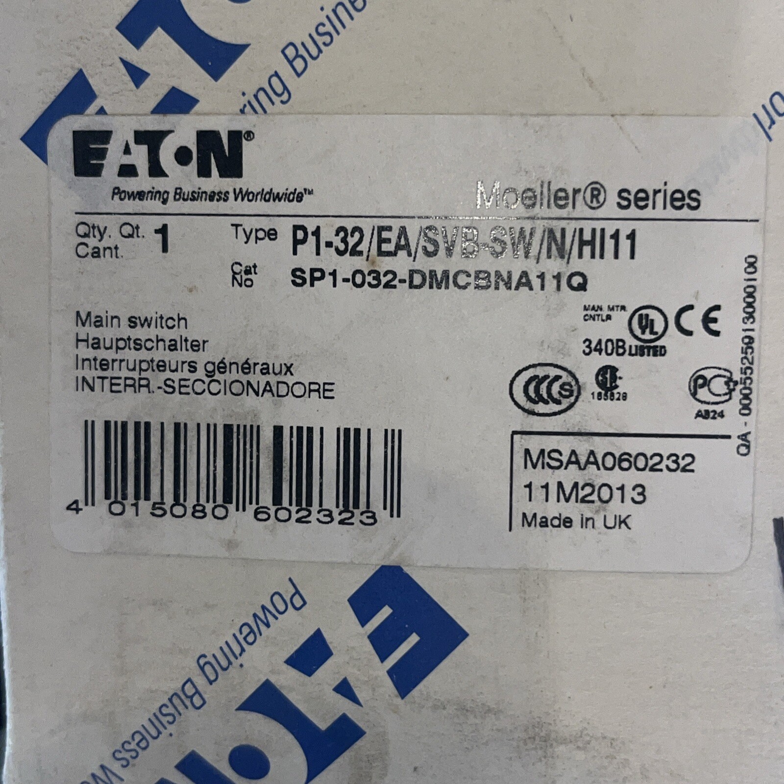 Eaton Moeller HI11-P1/P3E SPX-HI11-P1-P3E P3-63 SP3-063 Main Switch, NEW